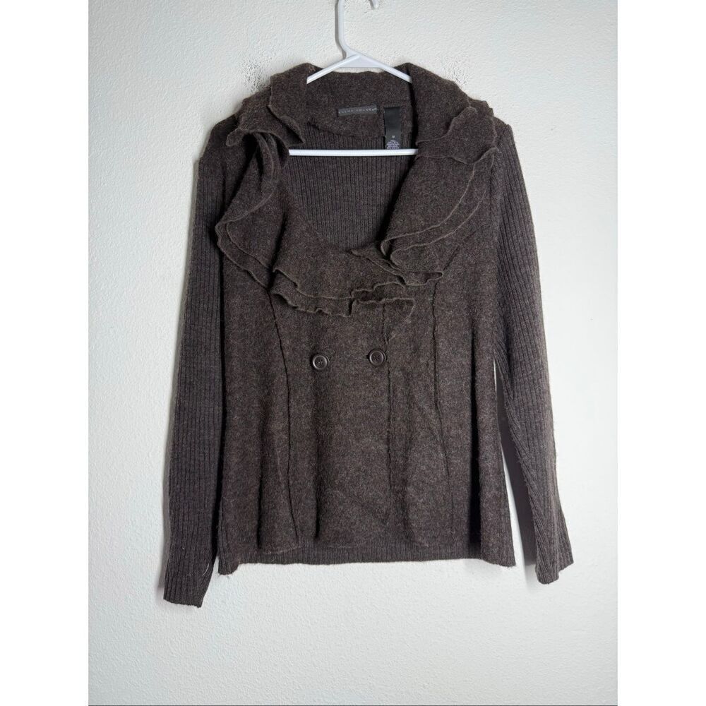 Elena Solano Bohemian Jacket Ruffle Collar Sz M Wool Double Breasted Brown